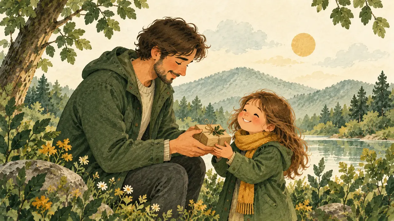 Aquarellillustration eines Elternteils bei der Übergabe einer Geschenkbox an ein Kind