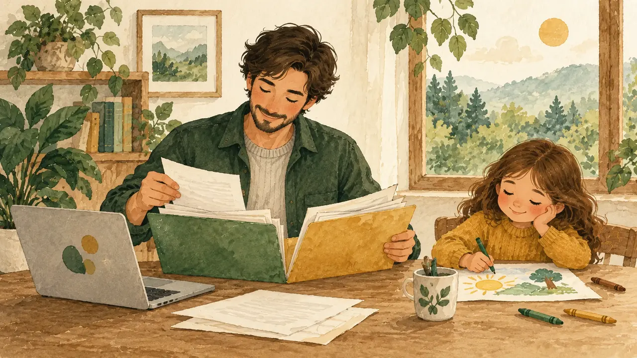 Aquarellillustration eines Elternteils mit Sparunterlagen und einem malenden Kind