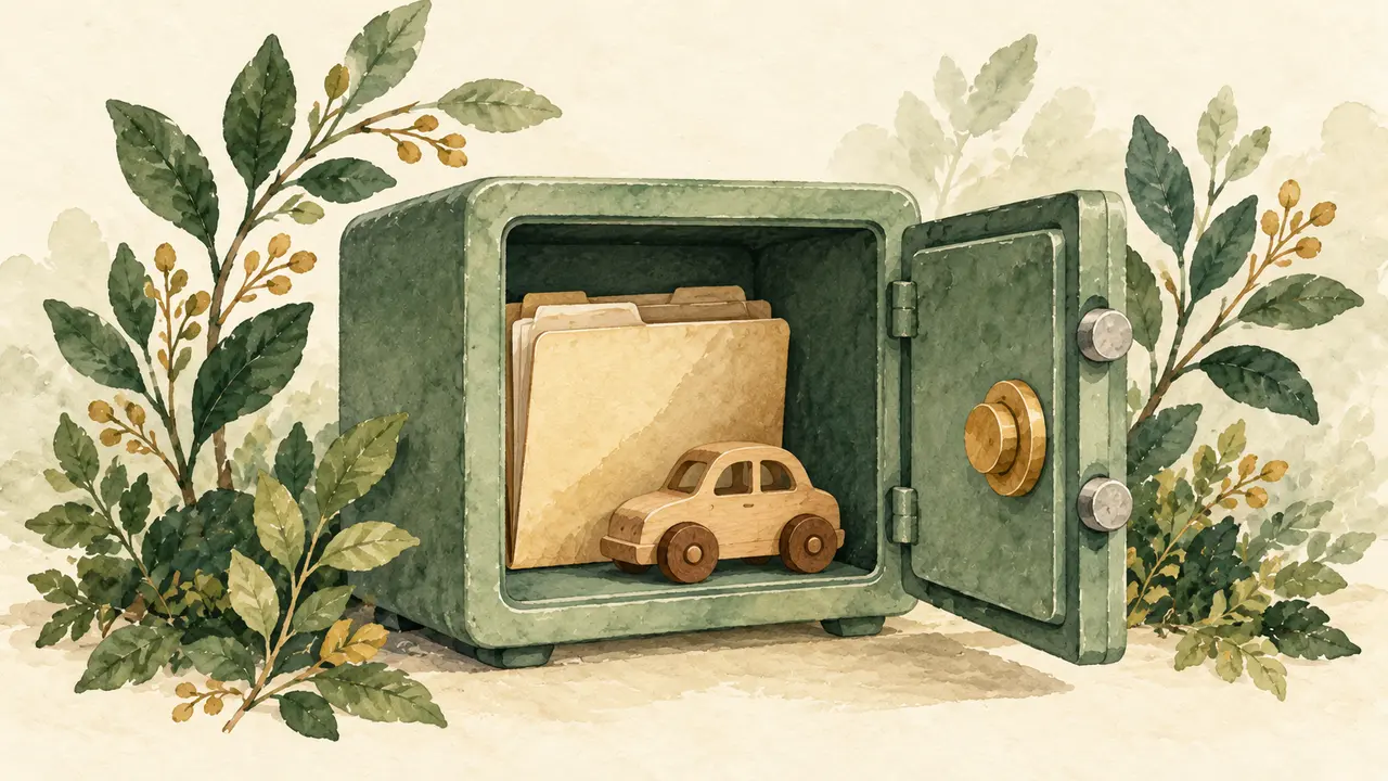 Aquarellillustration eines grünen Tresors mit Dokumenten und Holzauto